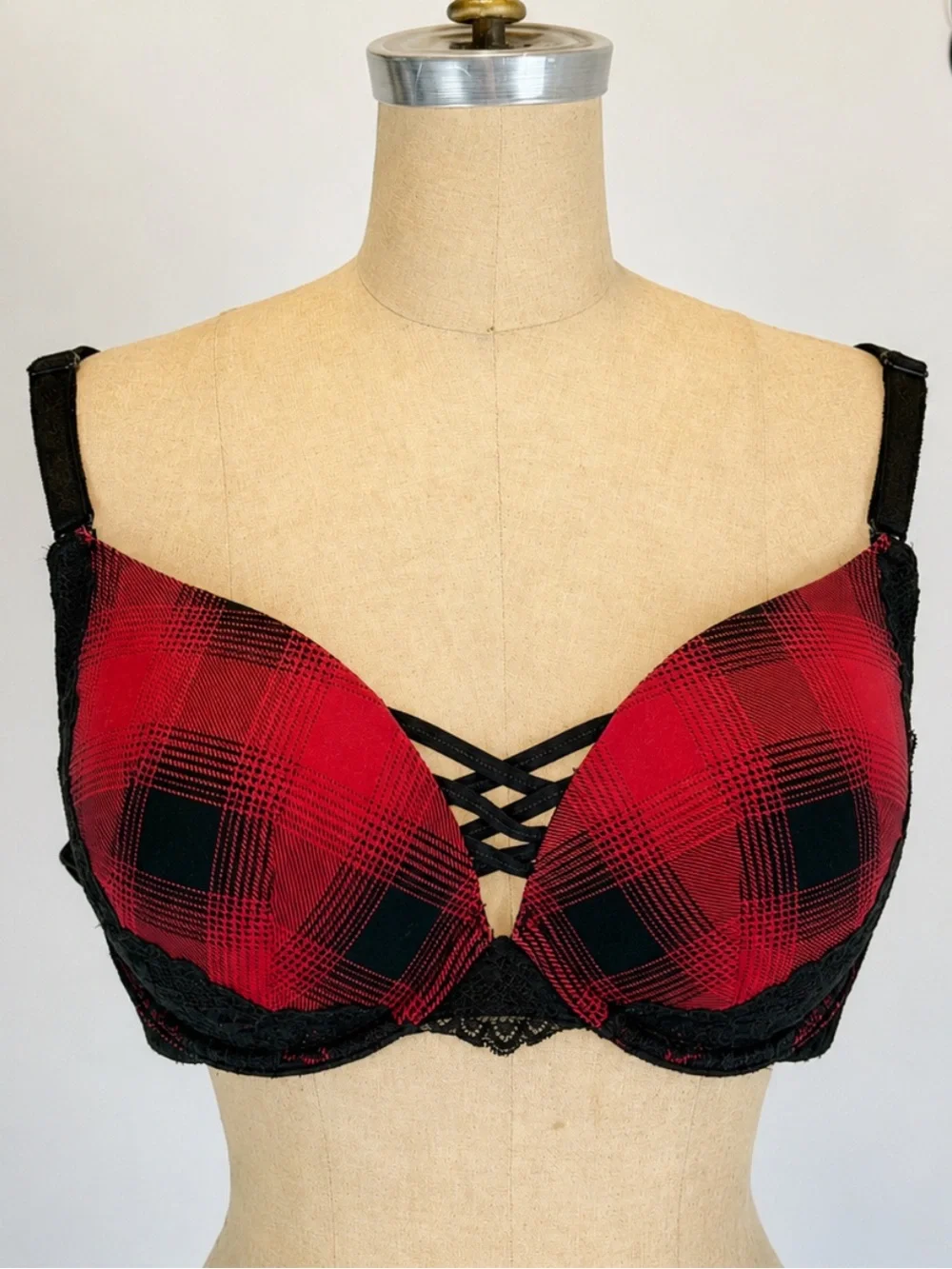 Torrid Curve Buffalo plaid bra 38D corset lace plunge red black push up